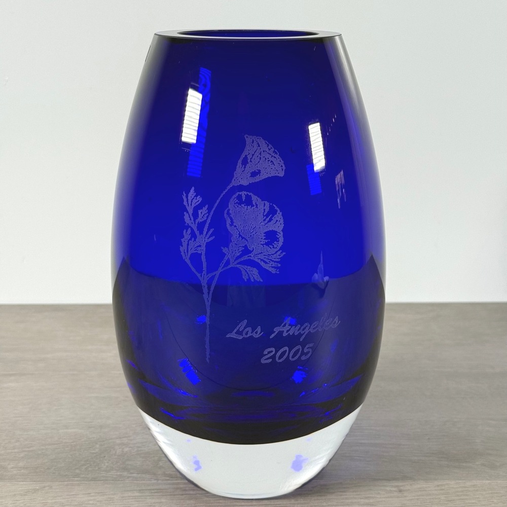 Krosno Poland Cobalt Blue Glass Vase Los Angeles 2005 Floral Etched 7.5in 2000s